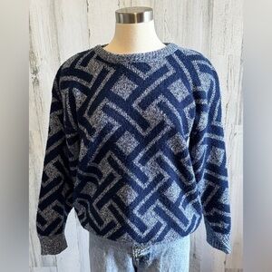 Vintage 90s Geometric‎ Jacquard Knit Sweater Navy Light Blue Retro